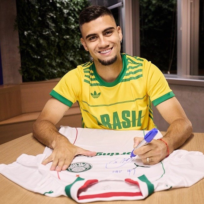 Camisa Palmeiras II 2026 autografada Andreas Pereira com dedicatória | Pré-venda