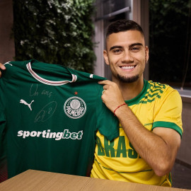 Camisa Palmeiras I 2026 autografada Andreas Pereira com dedicatória | Pré-venda