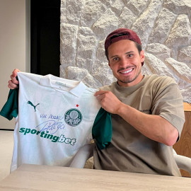Pré-venda Camisa Palmeiras II 2025 Feminina autografada pelo R.Veiga com dedicatória em seu nome + foto